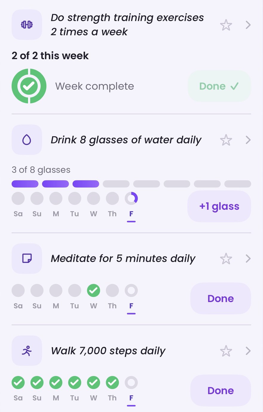 Four habits on the new habit card in Preffect: do strength training exercises 2 times a week at 2 of 2 with week complete, drink 8 glasses of water daily at 3 of 8 glasses with a plus 1 glass button, meditate for 5 minutes daily with a Done button, and walk 7,000 steps daily with a Done button.